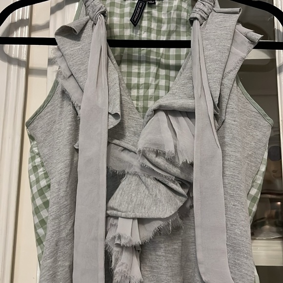 Anthropology One September WomenSleeveless Top Heather grey gingham Knit Ruffles - Picture 2 of 4